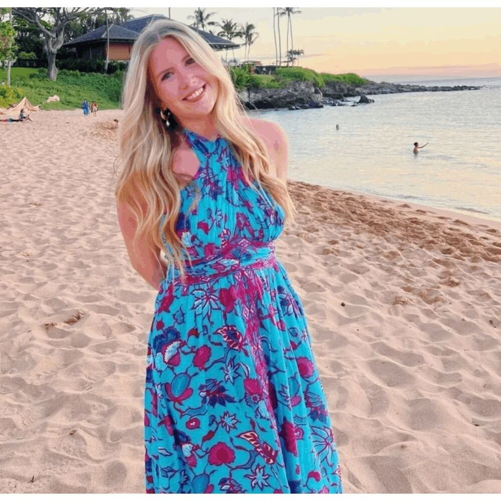 Caroline Constas Blue Fuchsia Pink Floral Sleeveless Halter Maxi Dress Size XS